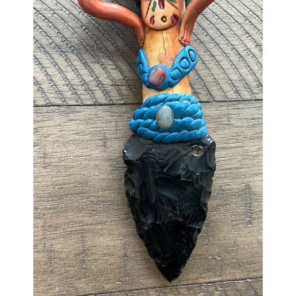 Vintage Mexican  Aztec Warrior Deity Obsidian Sacrifical Axe & Knife Gem Stones - Picture 9 of 9